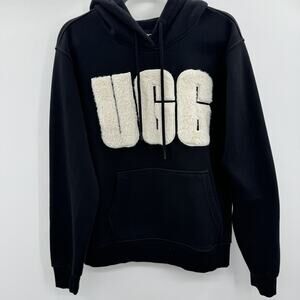 UGG Women's Rey Fuzzy Hoodie Sz L Black Spell Out Logo Fleece Lined Soft Lounge